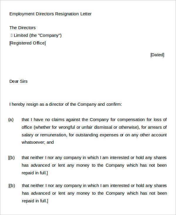 free employment directors resignation letter