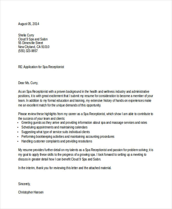 application letter for the position of a hotel receptionist