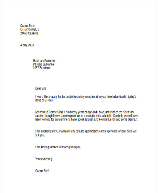 cover letter for secretary receptionist
