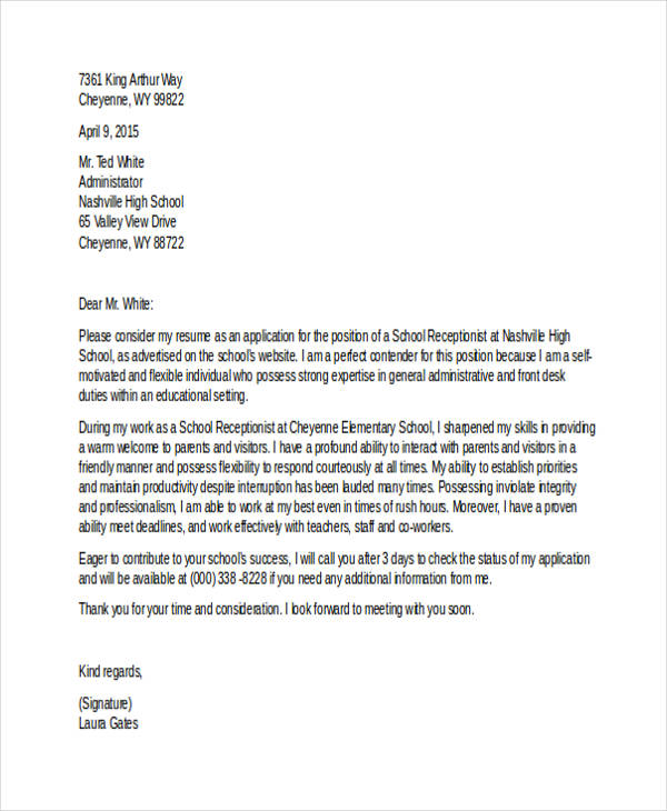 application letter as a receptionist in a school