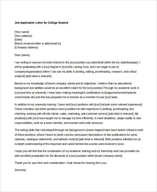 application letter for job student