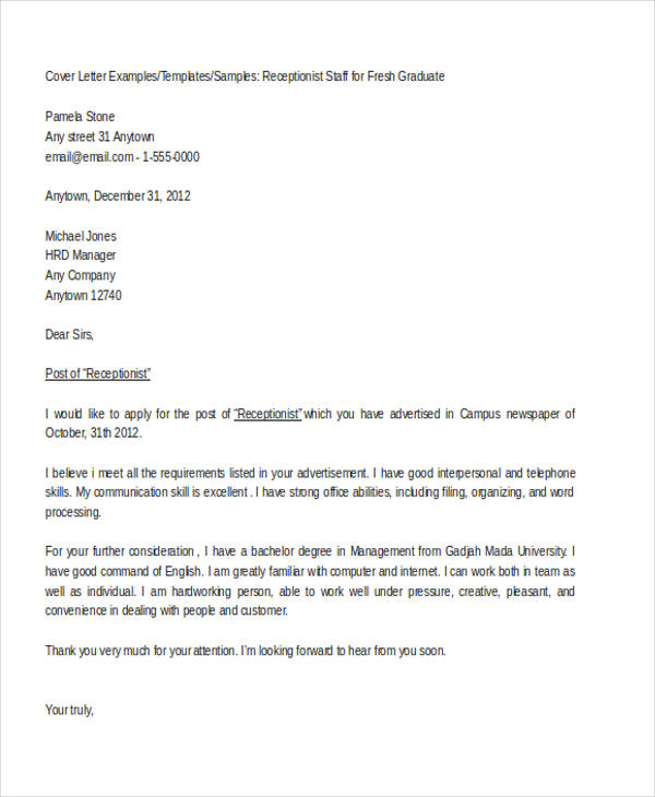 18+ Sample Job Application Letter for Receptionist