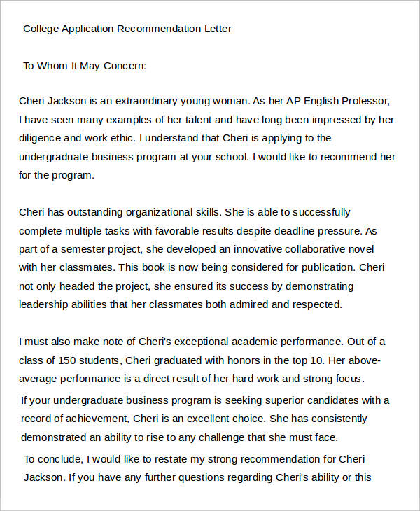 college application recommendation letter