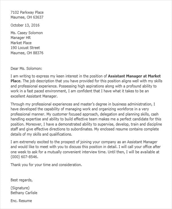 sample of cover letter for manager position