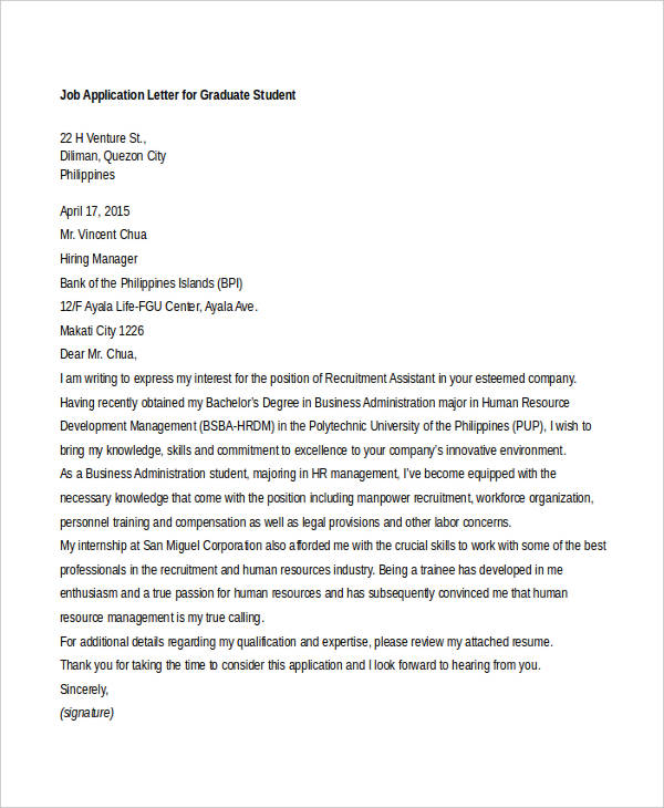 job application letter for undergraduate