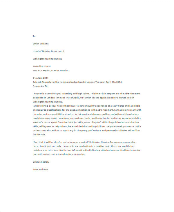 sample application letter for employment as a nurse