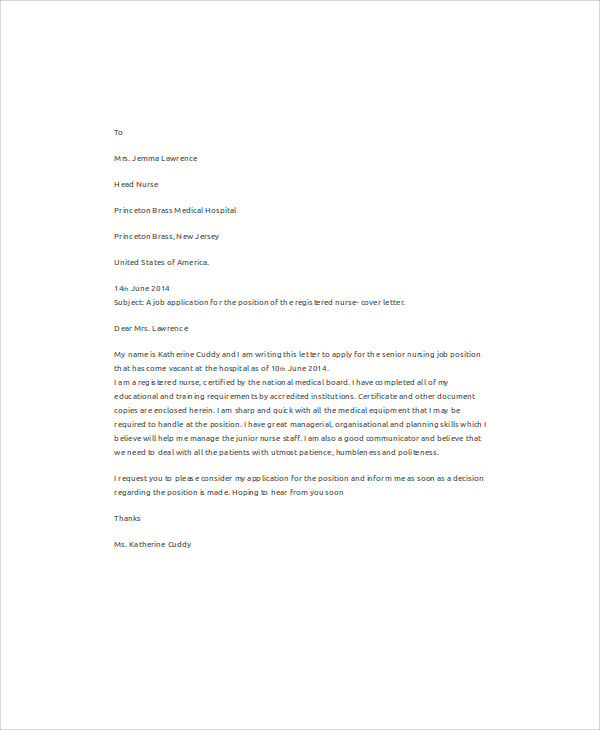 letter of application nursing job