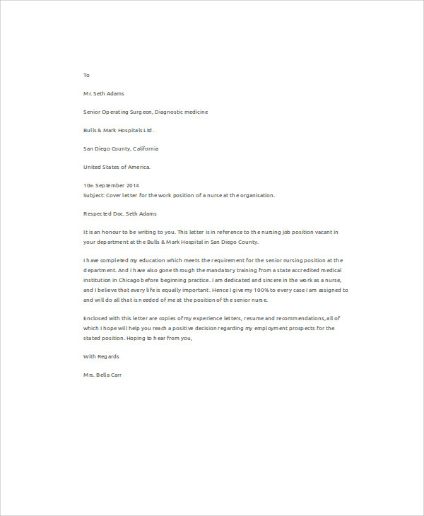 job application letter sample nursing