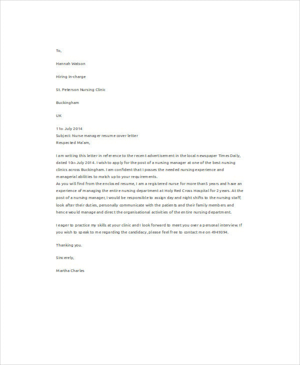 job application letter for manager nurse