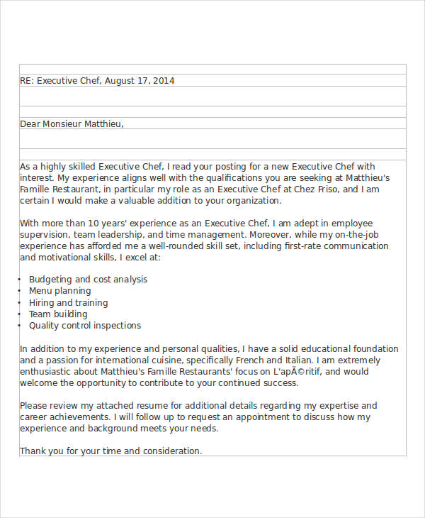 sample application letter for employment as a chef