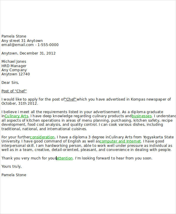 application letter chef example