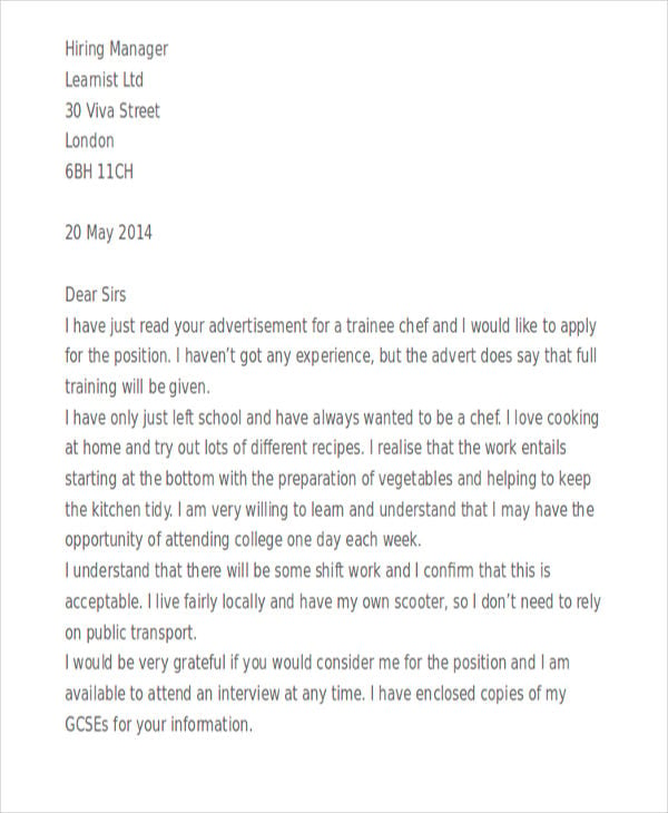 job application letter for trainee chef