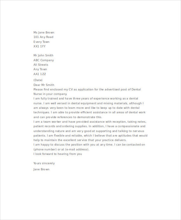 job application letter for dental nurse