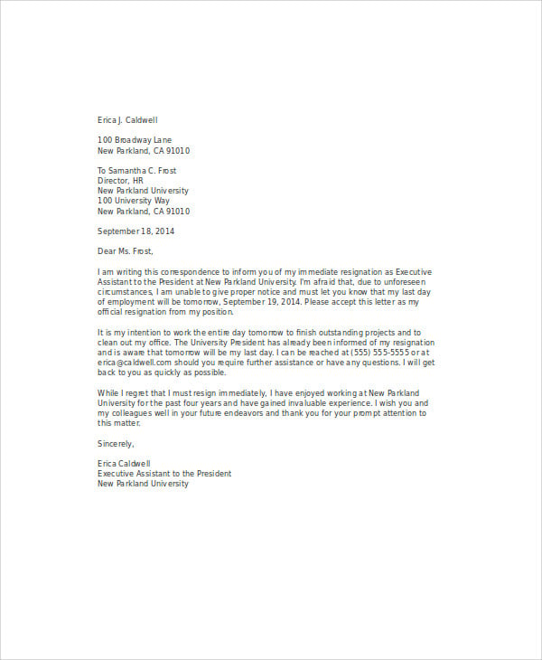 Sample Immediate Resignation Letter from images.template.net