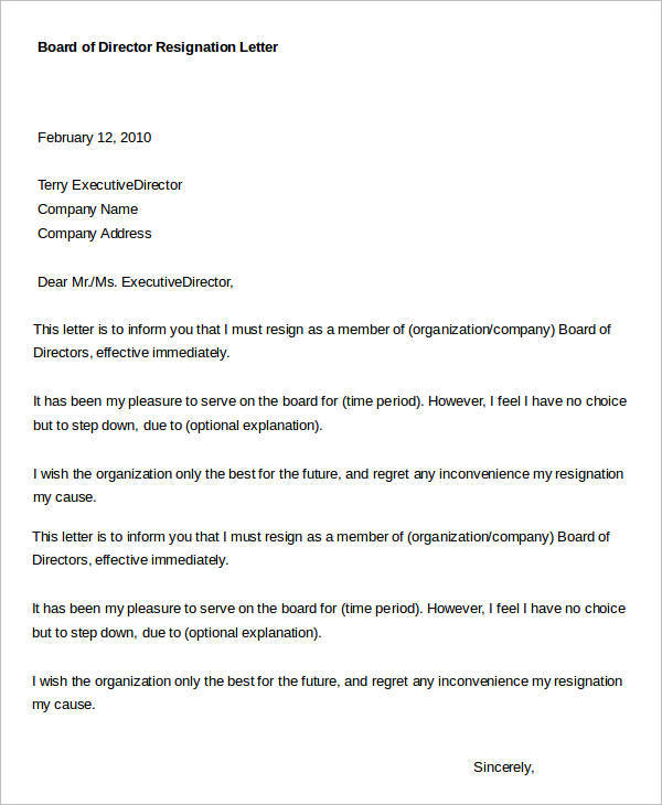 Sample Director Resignation Letters 9 Free Sample Example Format