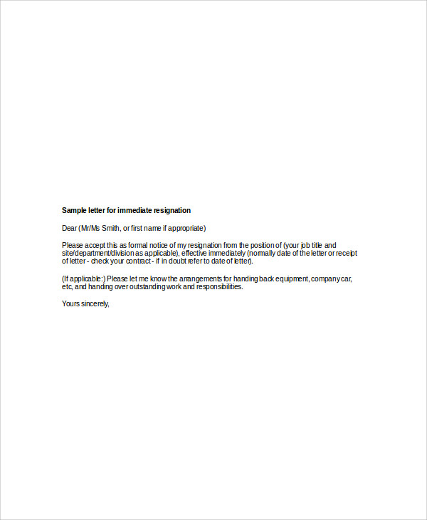 8 Sample Immediate Resignation Letters Free Sample Example Format 