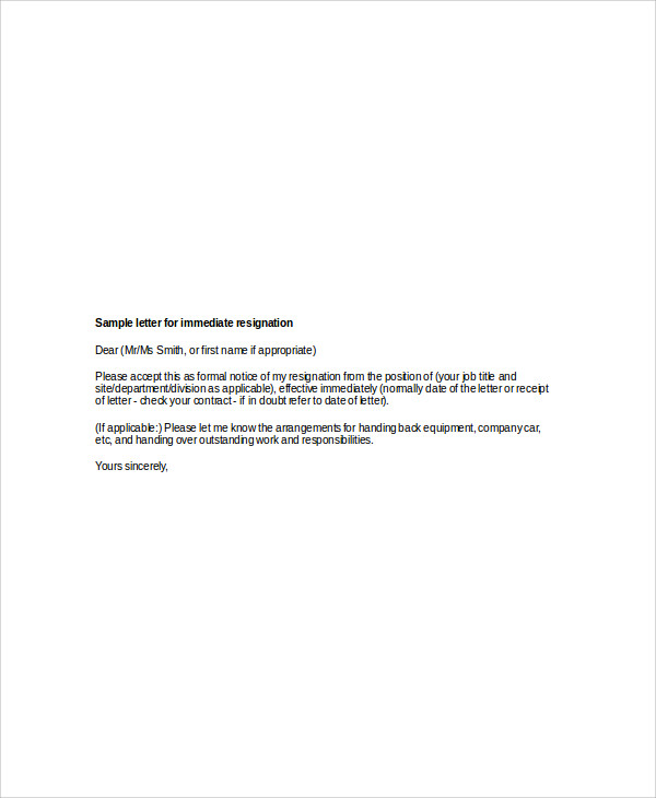 8+ Sample Immediate Resignation Letters - Free Sample, Example Format