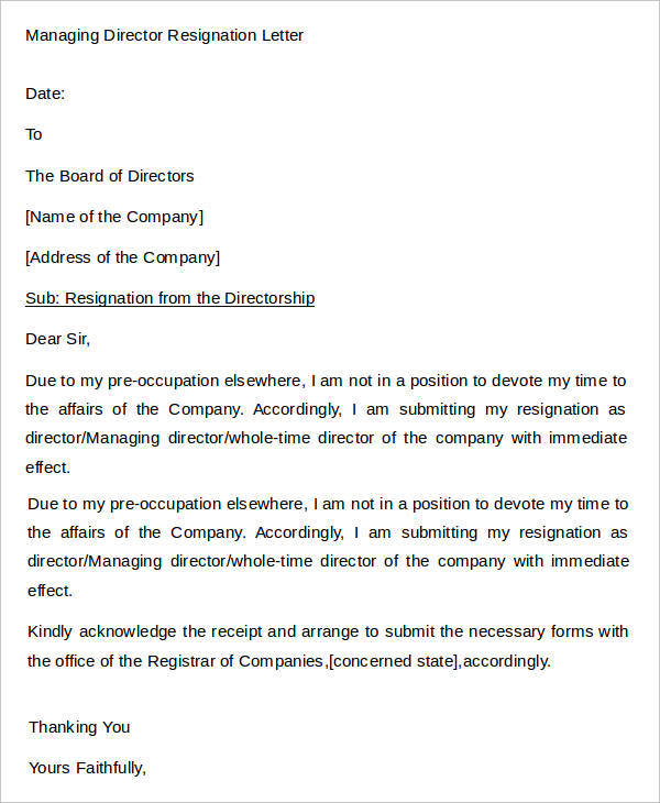 professional managing director resignation letter