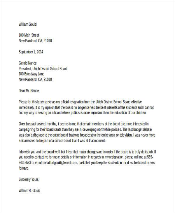 board member resignation letter samples