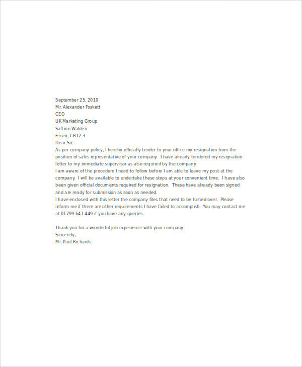 Immediate Resignation Letter Samples from images.template.net