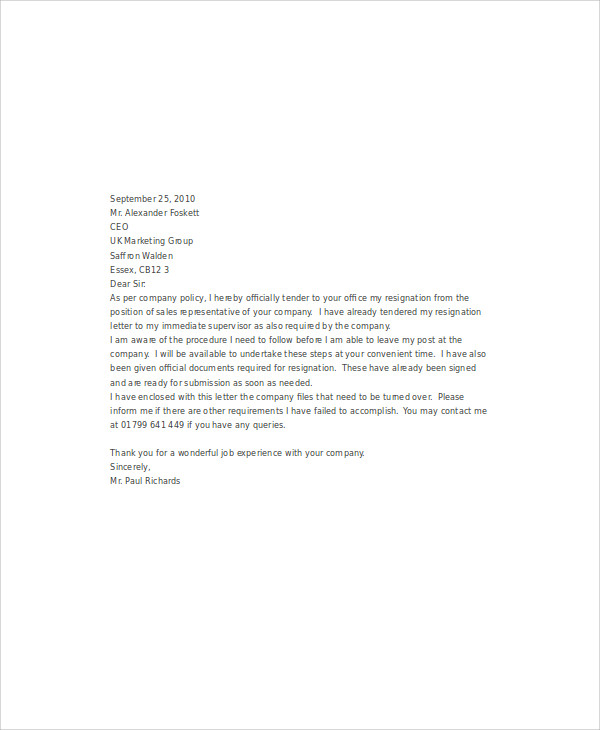 8+ Sample Immediate Resignation Letters - Free Sample, Example Format