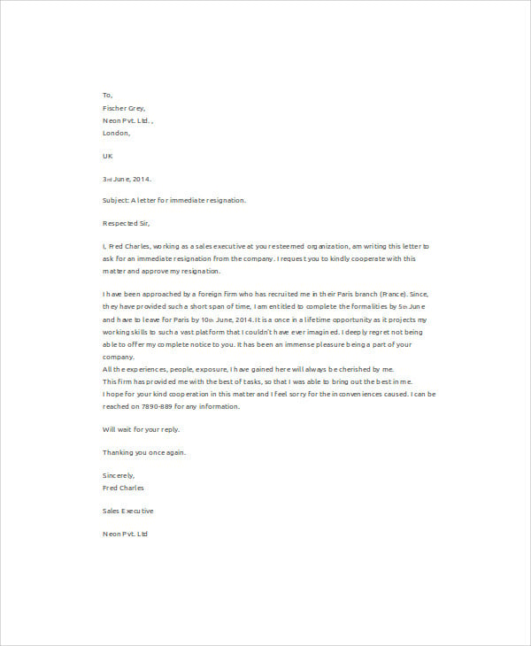 8+ Sample Immediate Resignation Letters - Free Sample, Example Format ...