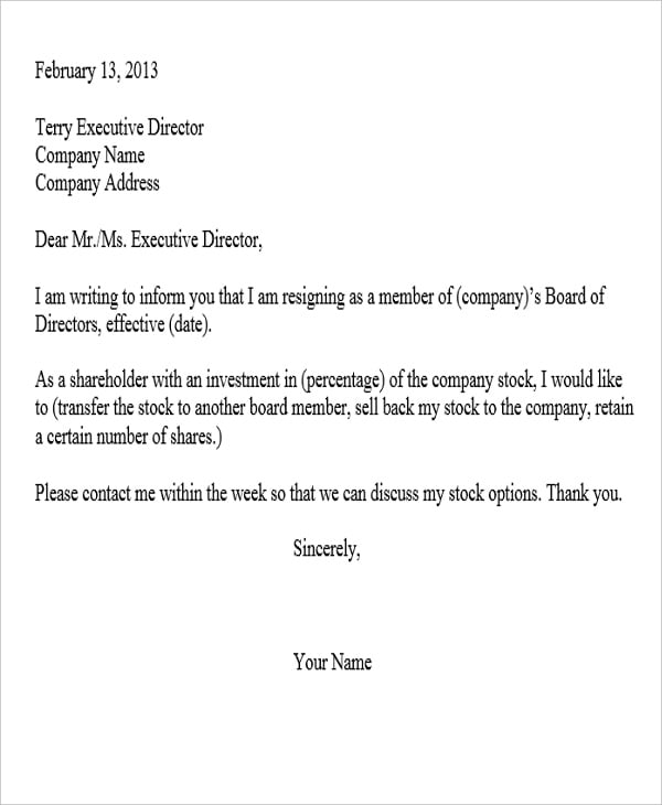 corporate shareholder resignation letter