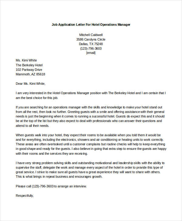 application letter to a hotel manager