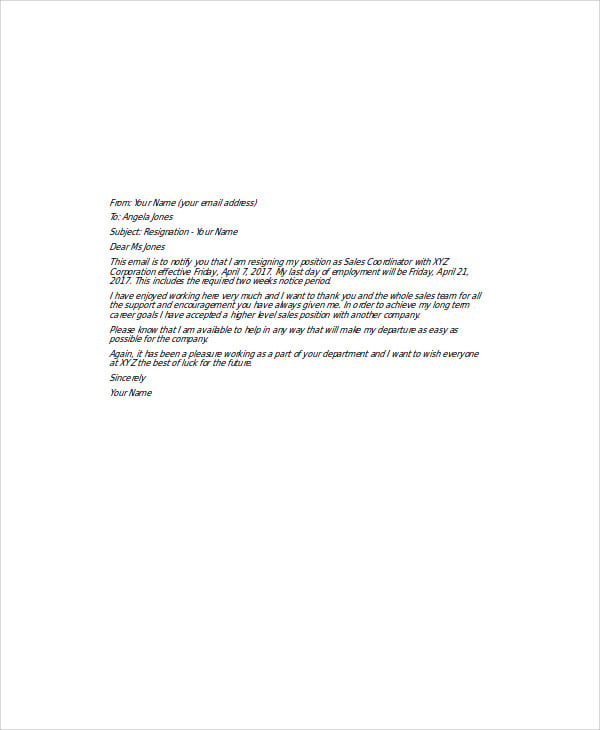 email job resignation letter