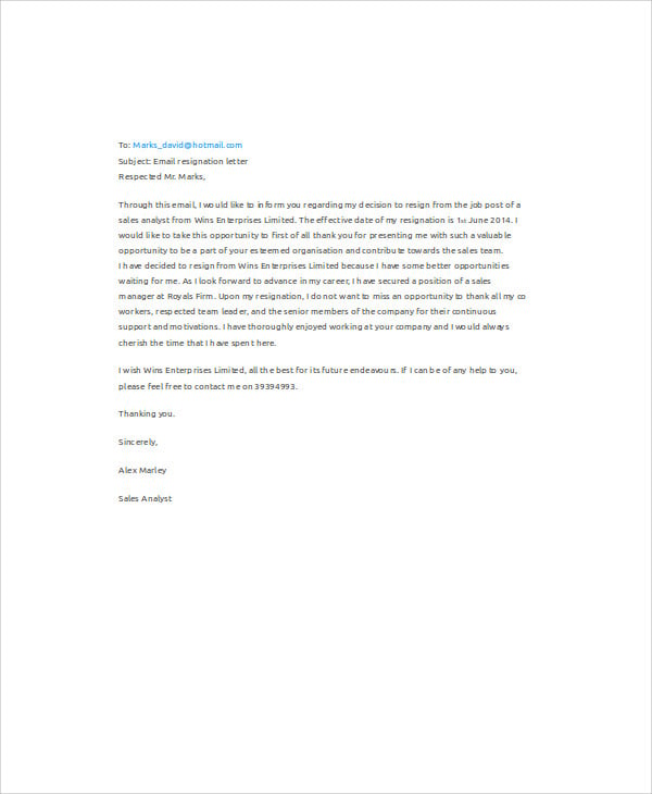 formal email resignation letter