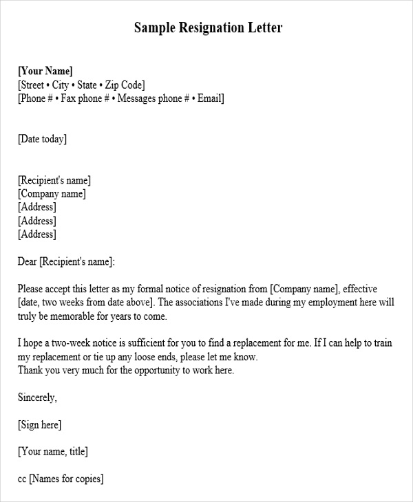 corporate resignation letter example