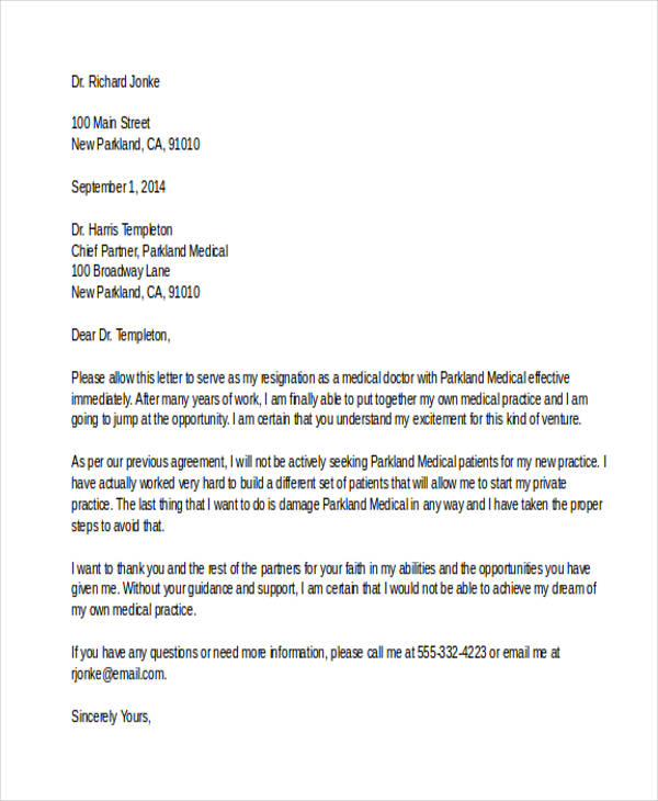 medical doctor resignation letter