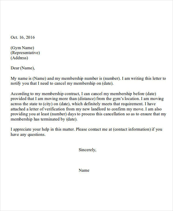gym membership resignation letter