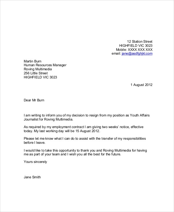 journalist thank you letter resignation