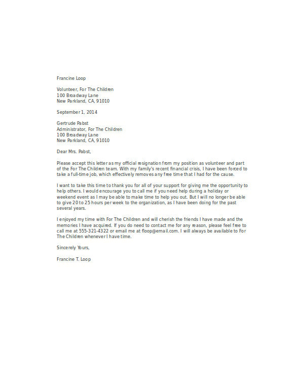 volunteer job resignation letter