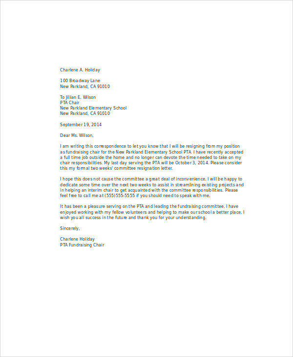 Resignation Letter For Volunteer Board Position