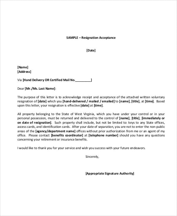 volunteer resignation acceptance letter