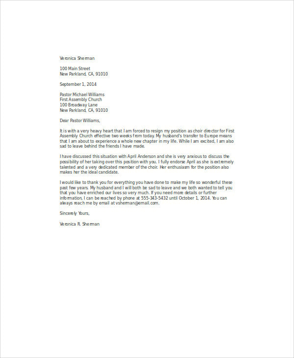 church volunteer resignation letter