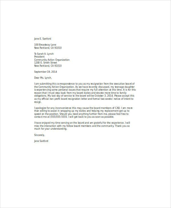 volunteer organization resignation letter