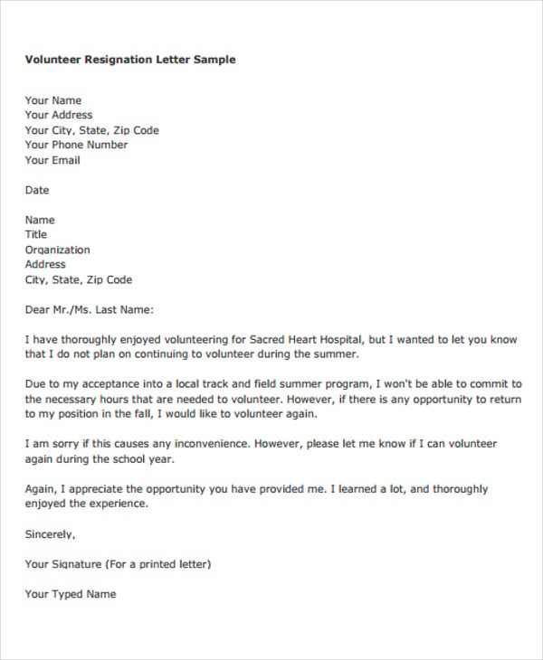 basic volunteer resignation letter