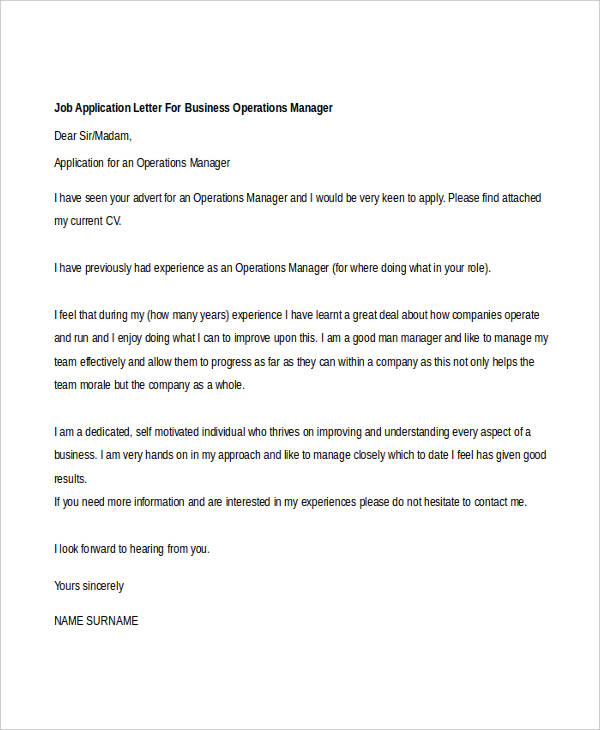 job application letter for operations manager