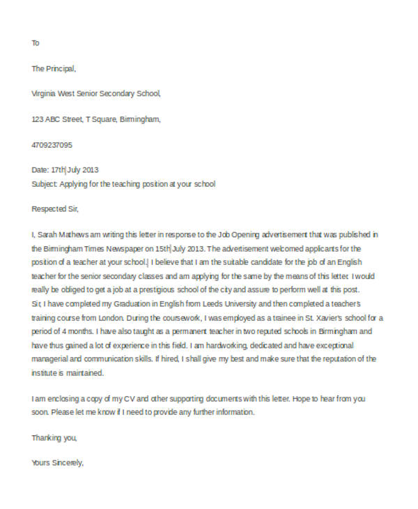 teacher job application letter