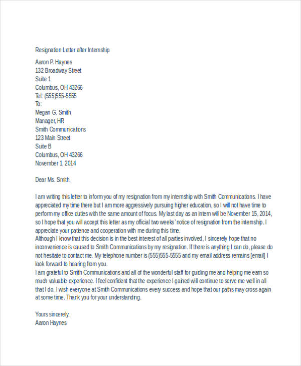 8+ Sample Internship Resignation Letters - Free Sample, Example Format ...