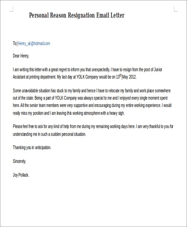 personal reason resignation email letter