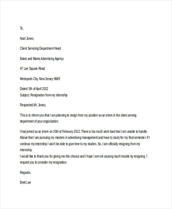 editable internship resignation letter