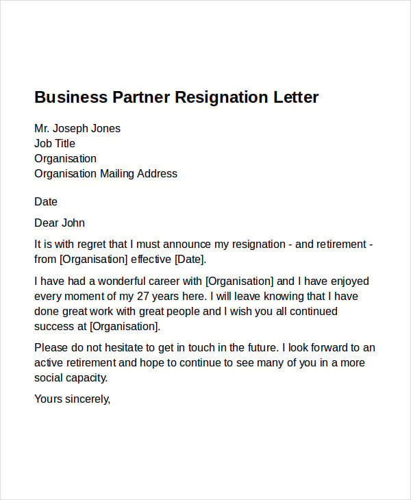 Business Partner Resignation Letter 