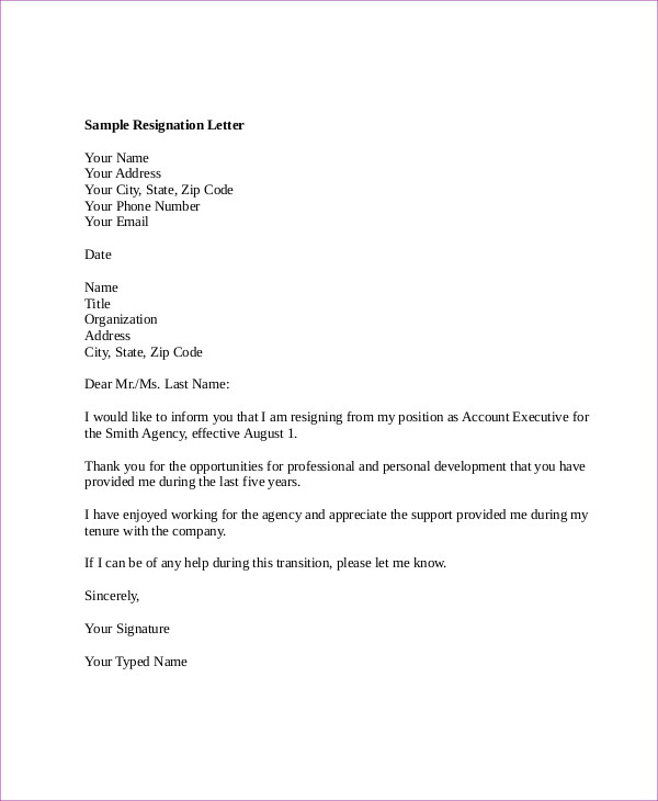 account executive email resignation letter