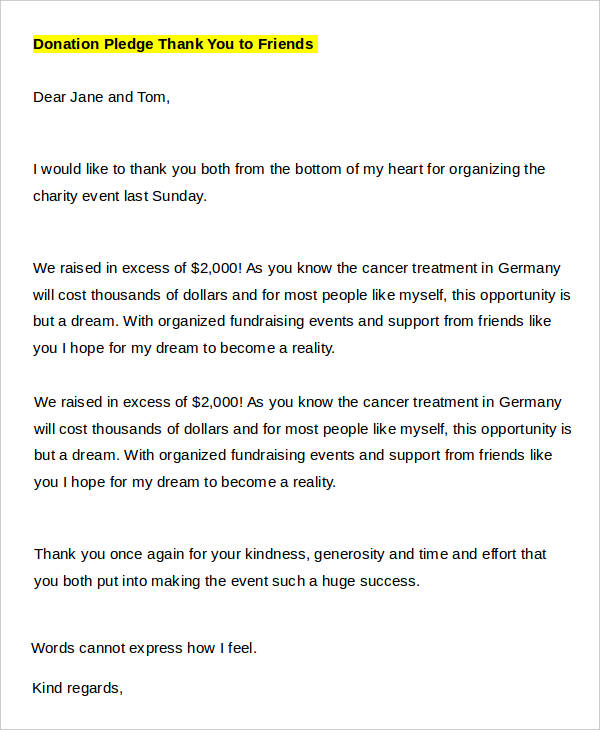 donation thank you letter to friend