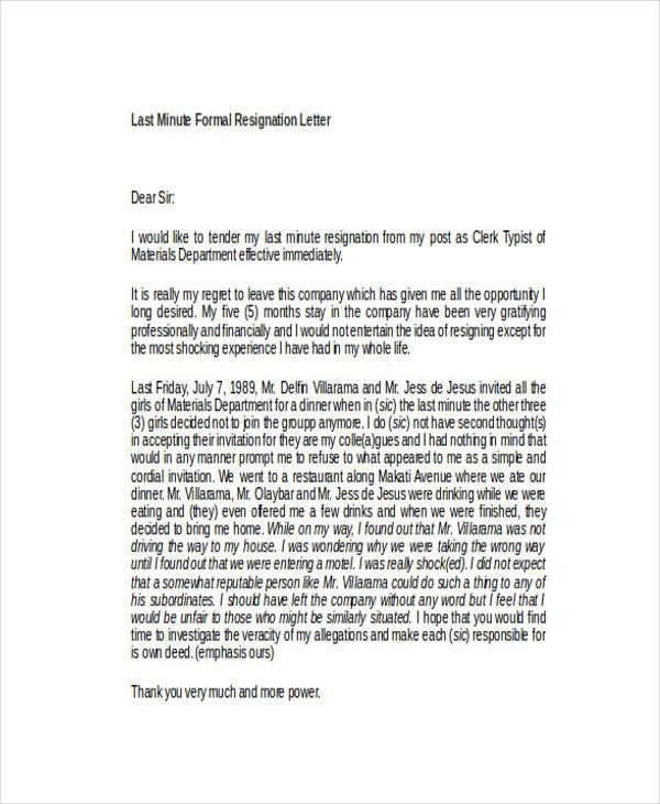 last minute formal resignation letter