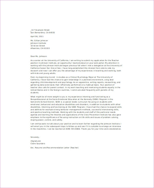 Application Letter For A Fresh Graduate Teacher - Cover ...